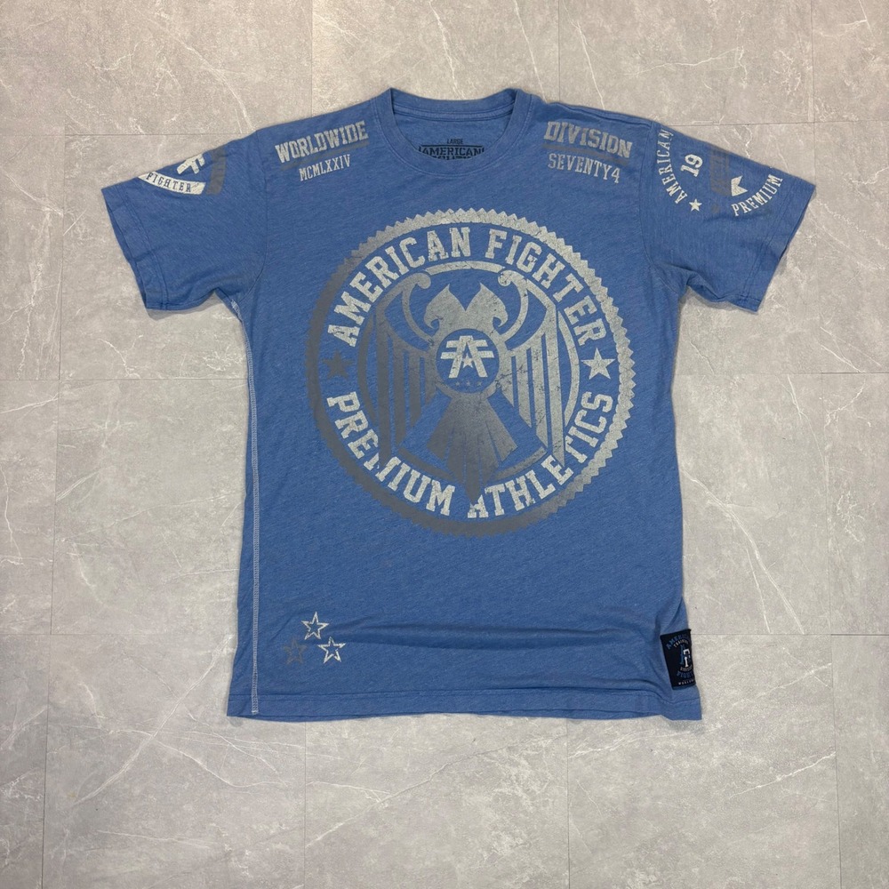 American Fighter by Affliction Mens Blue Graphic T-Shirt Large MMA Gym Tee